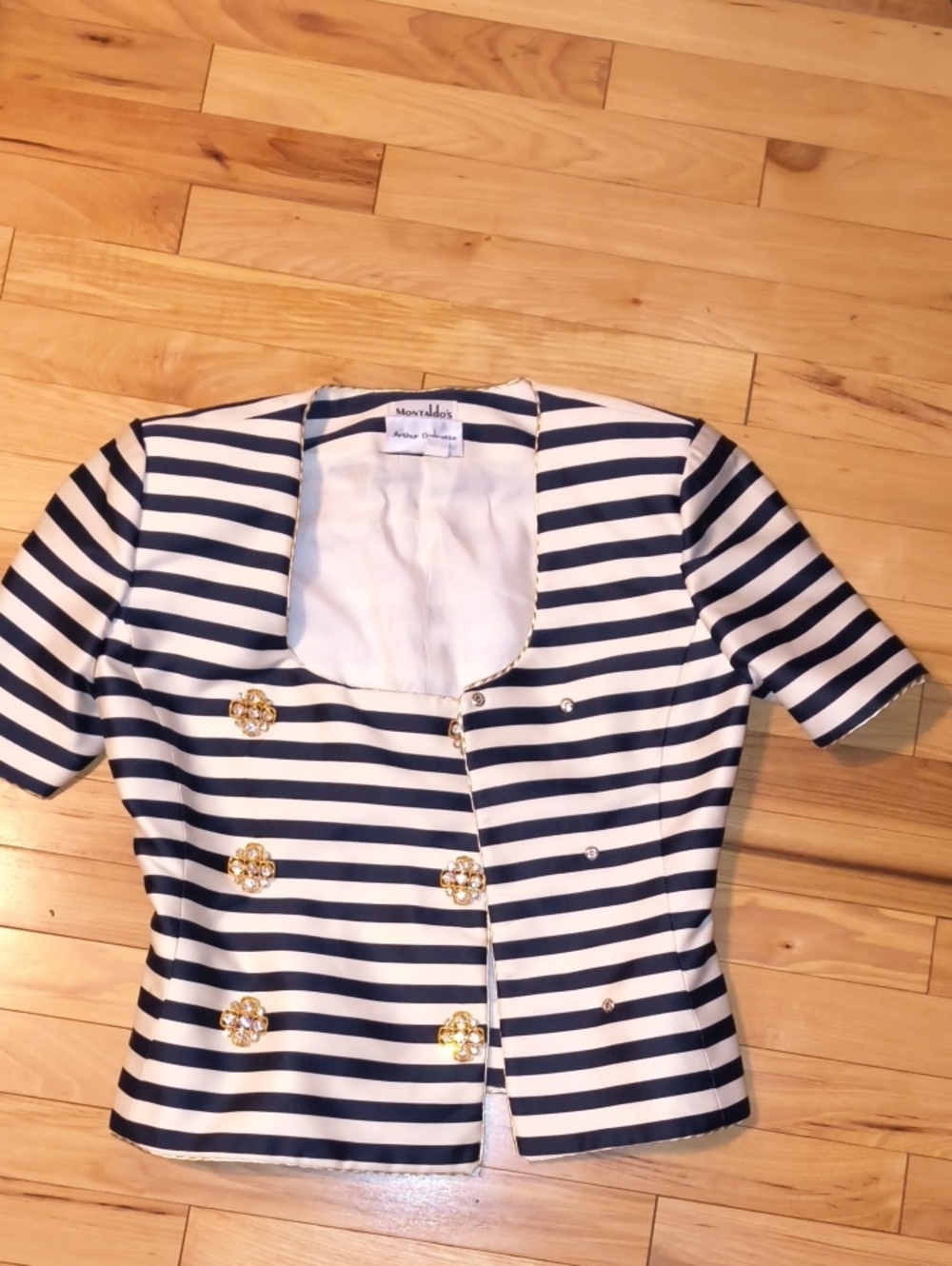 MonnaLisa Navy and White Striped Short Sleeve Blazer with Gold Buttons